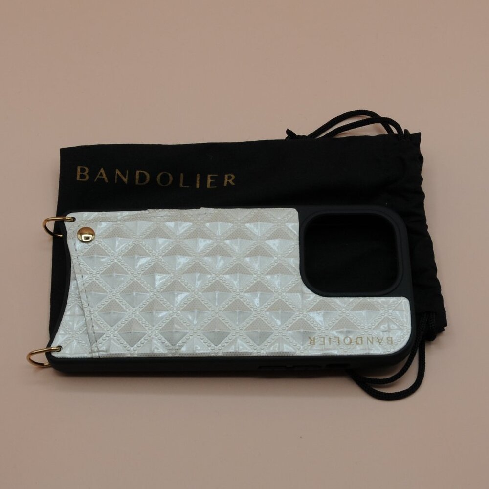 Sheila Pyramid Embossed Crossbody Bandolier - Creme/Gold, iPhone 14 Pro